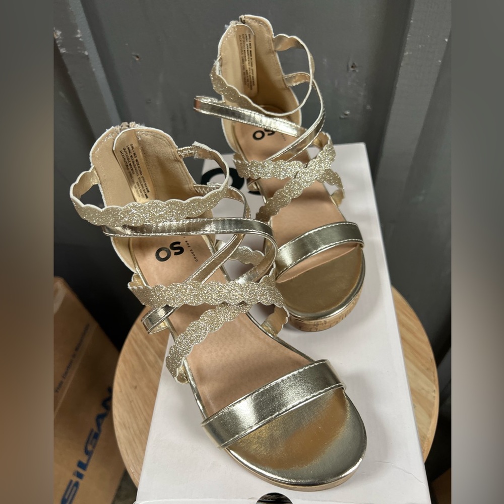 SO girls gold glitter strappy wedge sandals